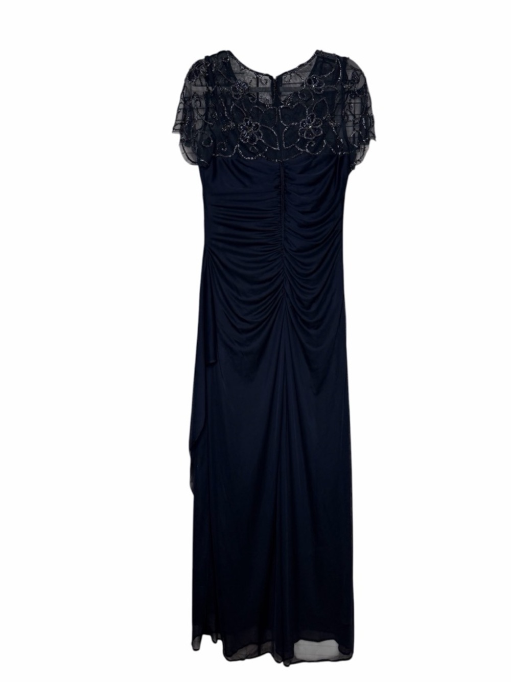 XSCAPE Dahlia Long Sheer Matte Jersey Beaded Top Dress coquette Navy Size 12 - Picture 8 of 15